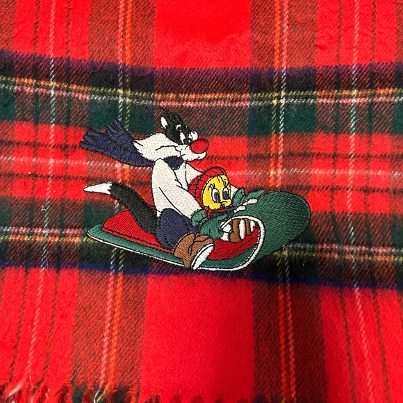 Scarf with Sylvester & Tweety Sledding, red plaid with fringe by Acme Clothing. - Picture 2 of 5